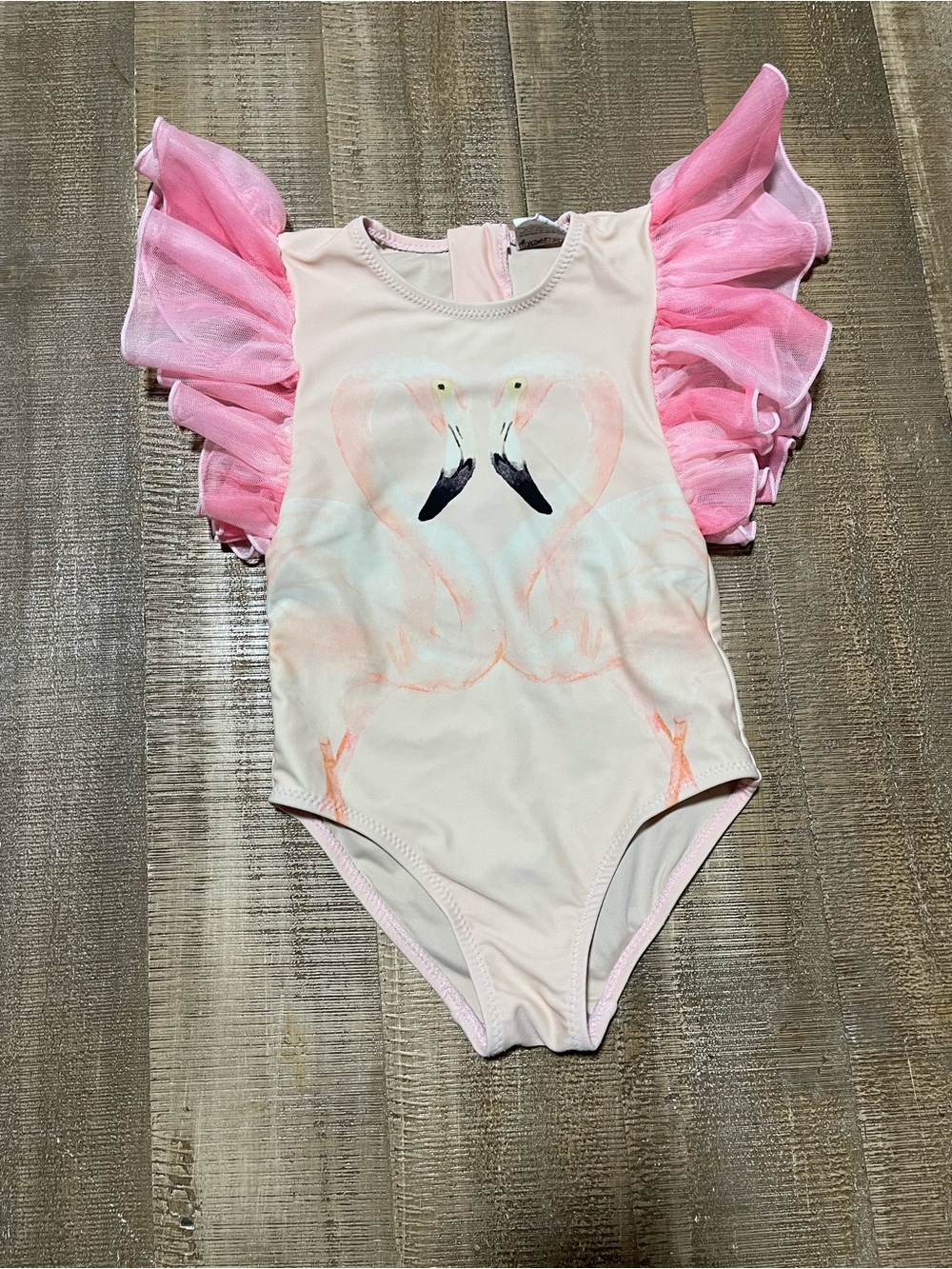 Pink Flamingo Ruffle-Sleeve Girls One-Piece Swimsuit